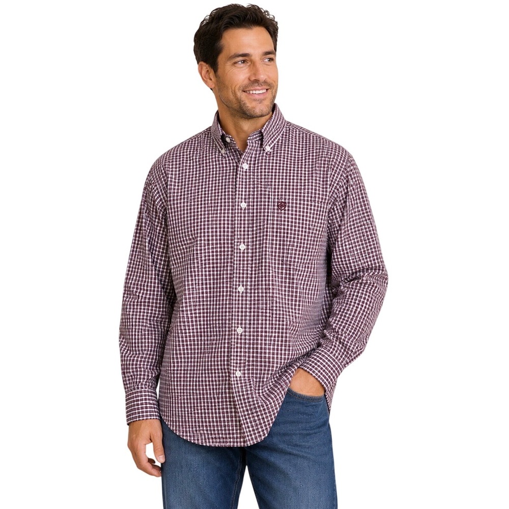Ariat Mens Wrinkle Free Button Down Shirt XL Burgundy White Plaid Long Sleeve